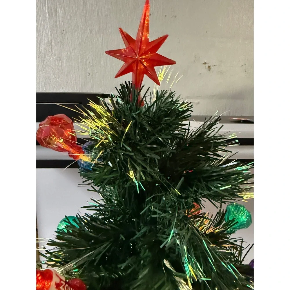 Vintage Fiber Optic Tabletop Christmas Tree Gold Base Ornaments Star 18 Inch